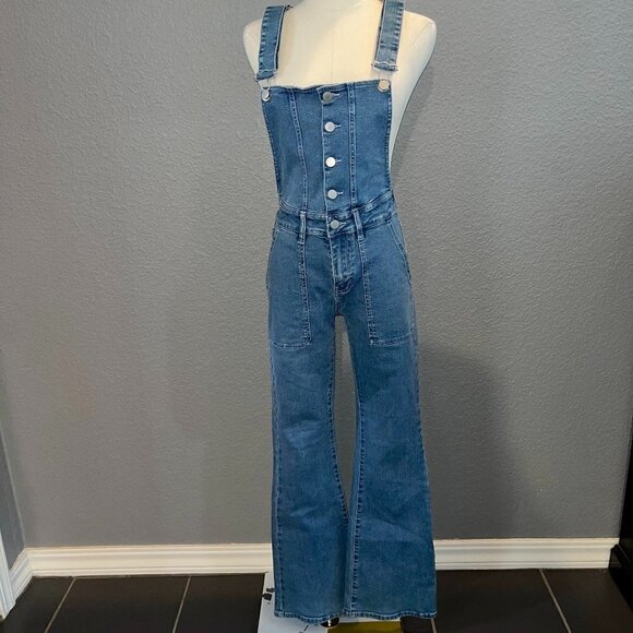 MO&Co. Blue Denim Overall Jumpsuit Front Button Bib Zip Fly Bell Bottom NWOT XS - Picture 1 of 12